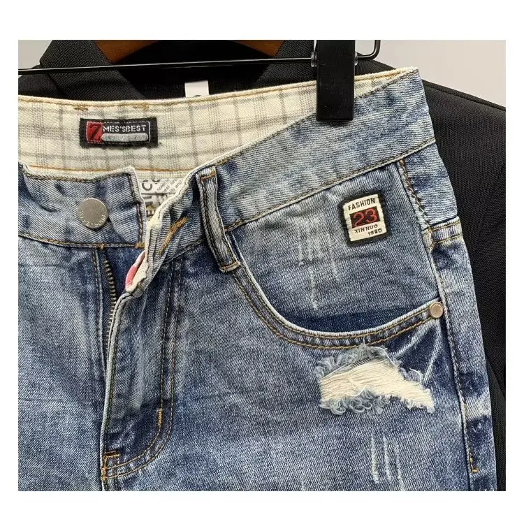 Men's Loose Fitting Straight Hole Denim Shorts Fashion Brand Summer Cut Torn Jeans Shorts