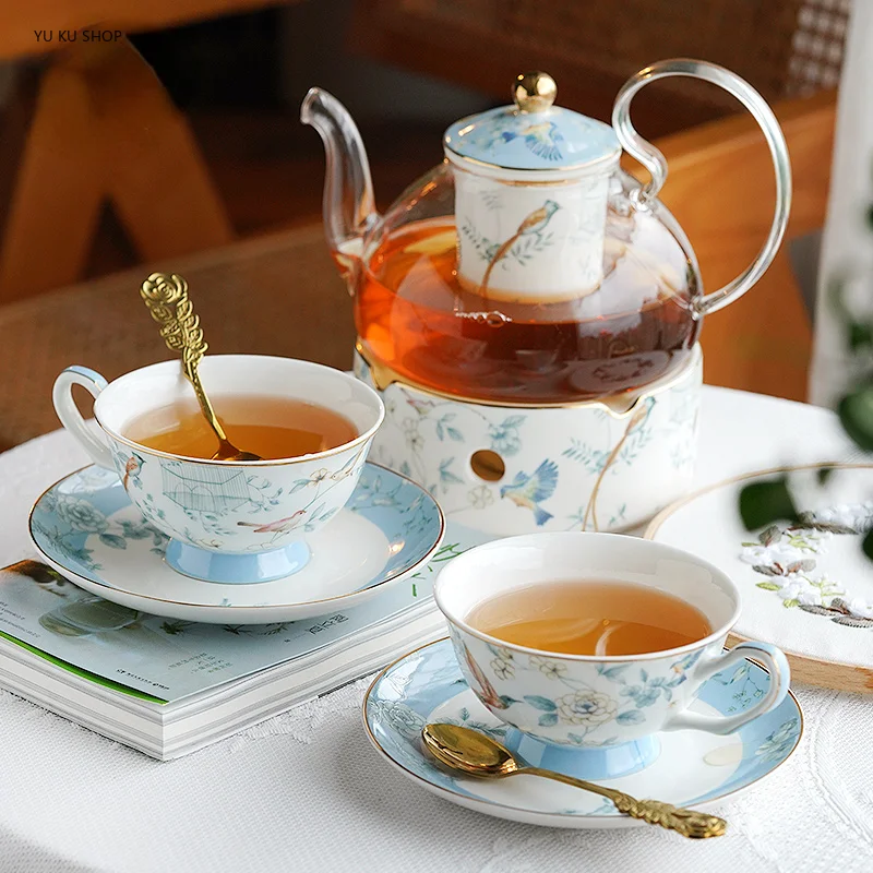 

English British Tea Set Glass Fruit Teapot Bone China Coffee Cup Flower Tea Pot and Cup Set Saucer Spoon Holding Furnace Teaware