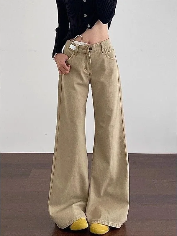 

Американские джинсовые брюки цвета хаки с низкой талией и широкими штанинами, женские свободные не прилипающие повседневные джинсы в стиле ретро для похудения в пол