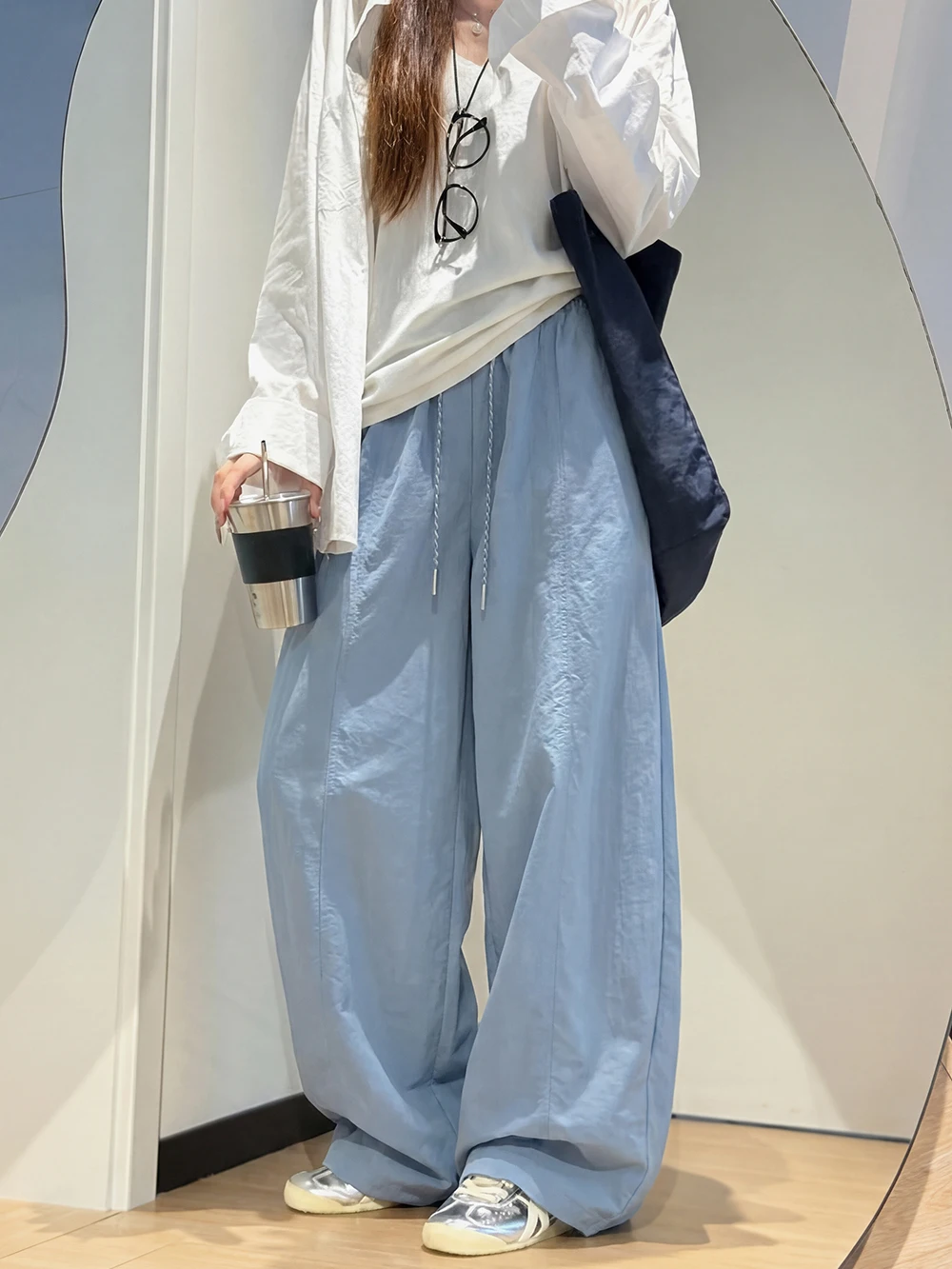 

Quick Dry Casual Pants Women's Loose Fit Elastic Waist Corduroy Straight Leg Pants Versatile Color Summer Wide Leg Pants