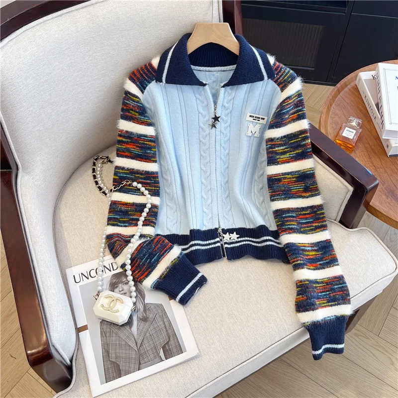 

Mixed Striped Patchwork Double Zipper Sweater Women Autumn Winter New Turn-down Collar Slim Long Sleeve Knitted Cardigan Jacket