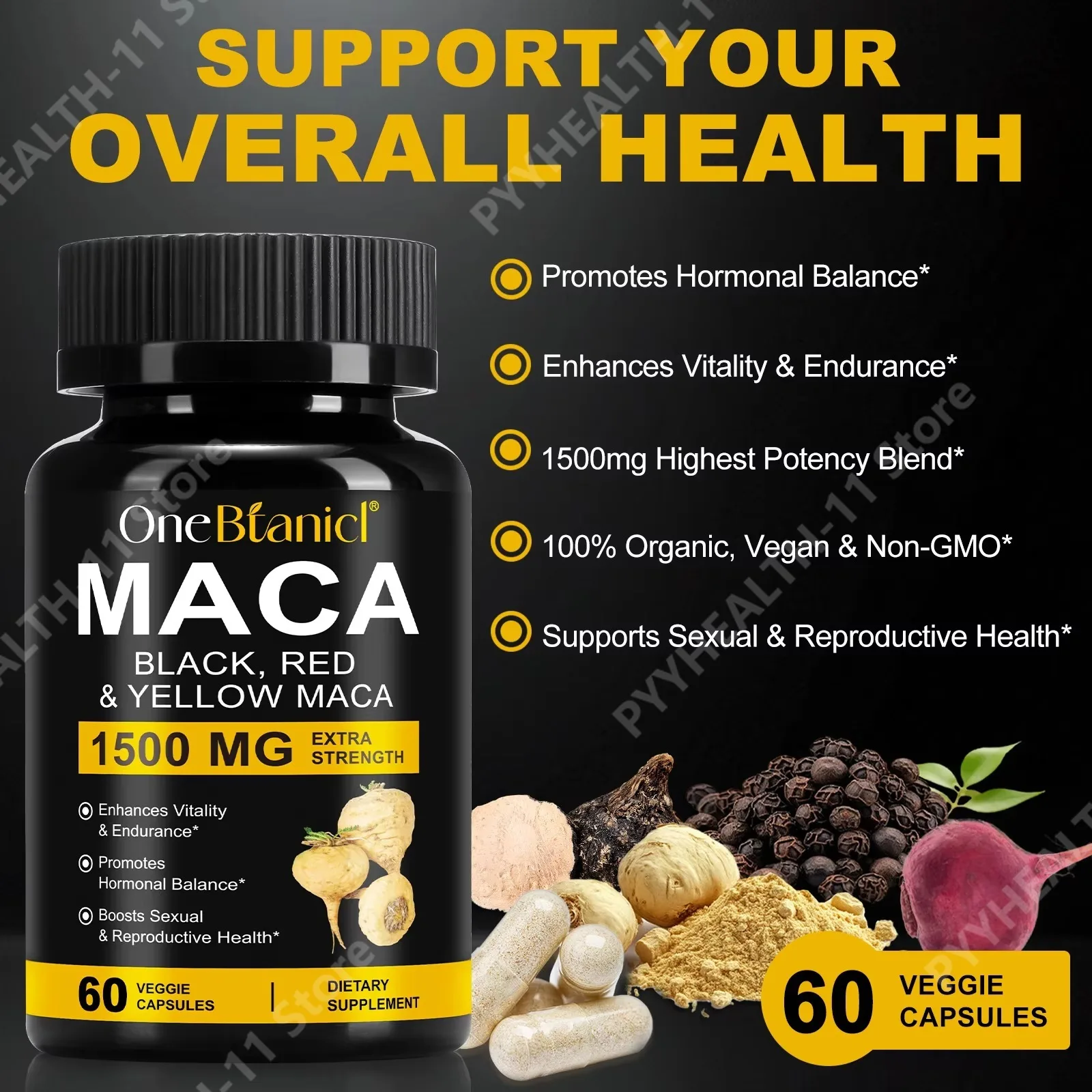 OneBtanic Black Maca Root Capsules,Enhances Sexual Potency,Vitality and Endurance,Promotes Concentration & Mental Clarity,60 Pcs