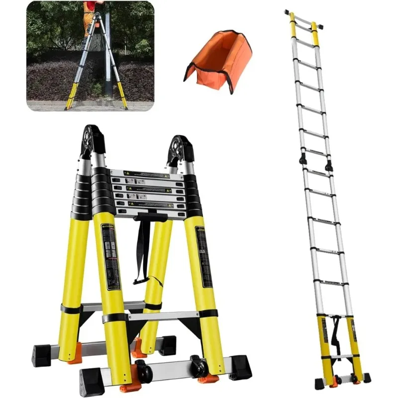 

20FT A Frame Telescoping Ladder, Type-A Collapsible Extension Ladder with Double Balance Bar & Wheels, 330lbs Capacity, EN131 Ce