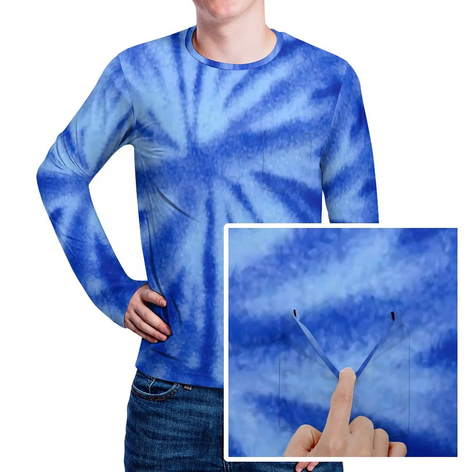 Tie Dye T-Shirt Blue Spiral Swirl Vintage T Shirts With Pocket Long Sleeve Graphic Tshirt Autumn Fun Oversized Clothes