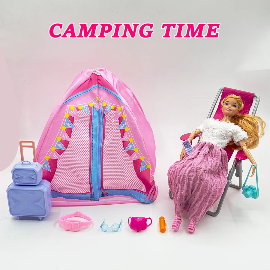 9Pcs Tent Beach Chair Travel Accessories Fashion Playhouse Fun Camping Game Doll Accessories Toys for Children Christmas Gift