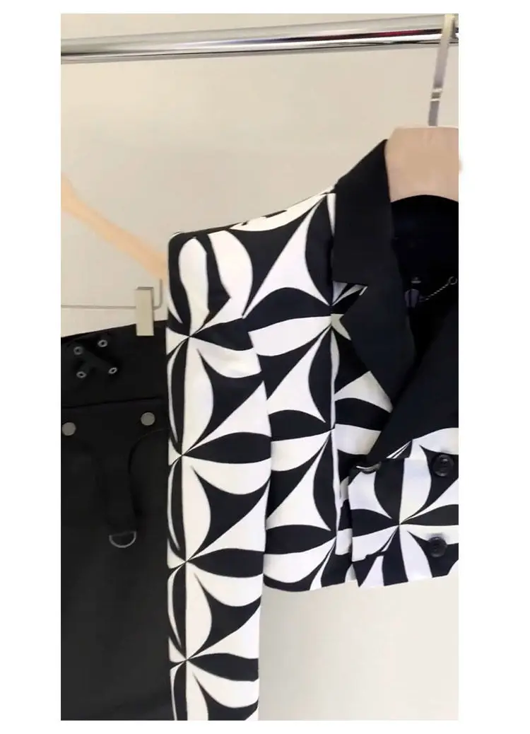 European Runway Black White Print Short Blazers Women Coats Spring Autumn Woman Work Office Ladies Blazers Outwears Tops NZ12