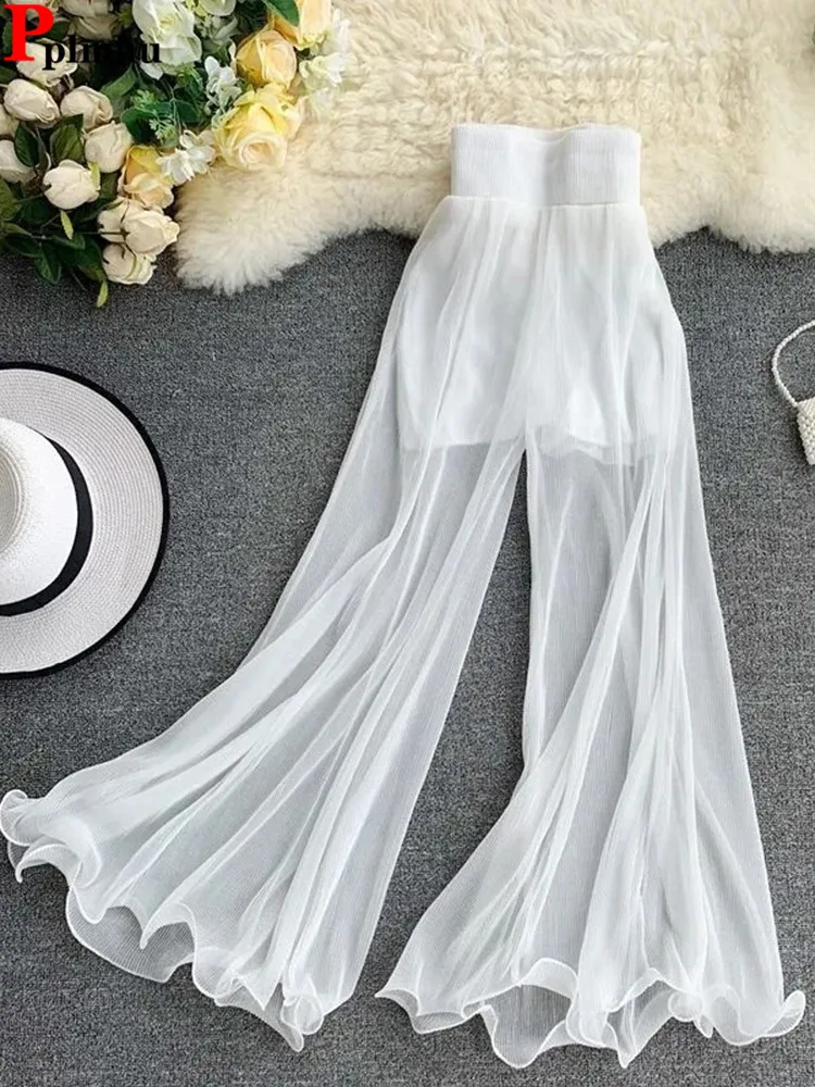 

Casual Mesh Wide Leg Pants Korean Design Lined High Waist Women Straight Pantalone Baggy Summer Fashion Calca New Pantalon Femme