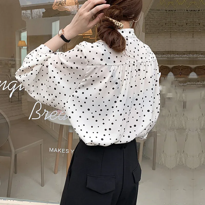 Dot Print Women\'s Blouses Long Sleeve Elegant Office Lady Chiffon Shirts Stand Collar Korea Style Top Casual Loose White Blusas