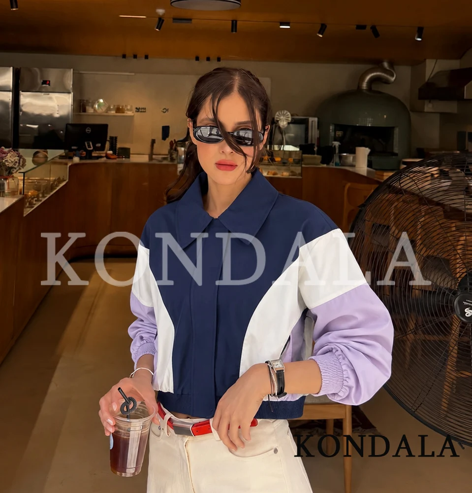 KONDALA Women Fall Casual Sports Style Jacket Elegant High Street Contrasting Colors Jacket 2026 Autumn Trendy Zip-up Jackets