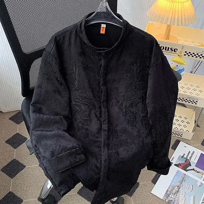 New Chinese Style Long Sleeve Shirt Casual Men Women Spring Autumn Vintage Plant Floral Pattern Zhongshan Coat Jacket
