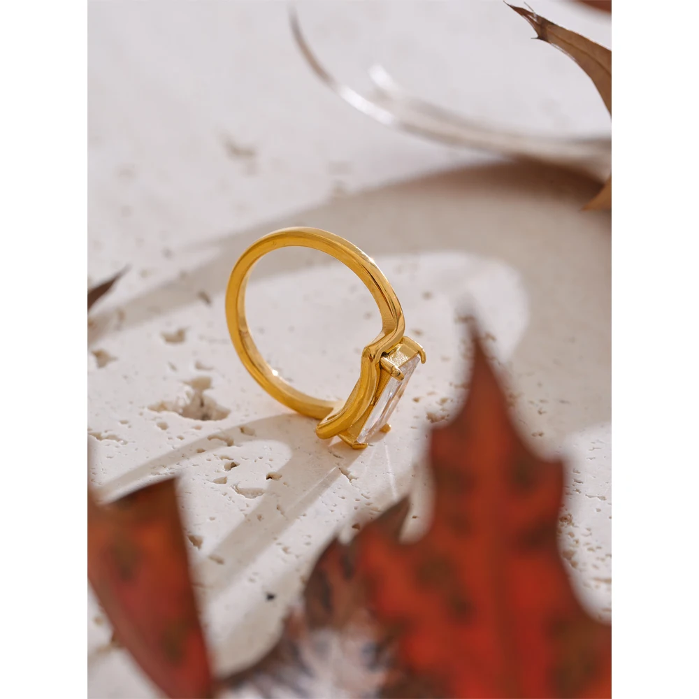 Yhpup Delicate AAA Shiny Cubic Zirconia Rectangle Golden Ring Water Resistant Stainless Steel Premium Jewelry Party Gift