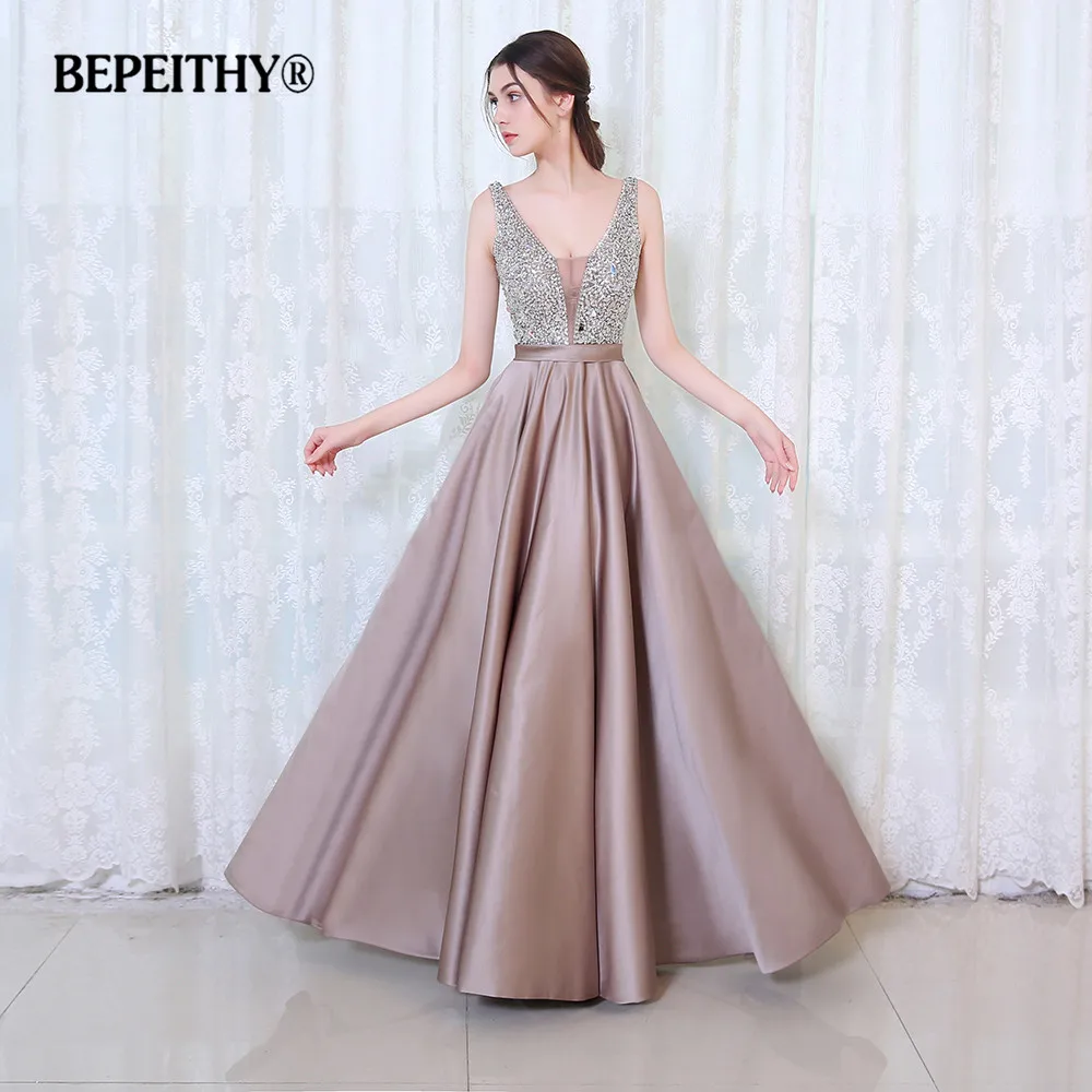 BEPEITHY V-ausschnitt Perlen Mieder Open Back Luxus Abendkleider Für Frauen 2023 EINE Linie Elegante Schnelle Verschiffen Satin Prom Kleid