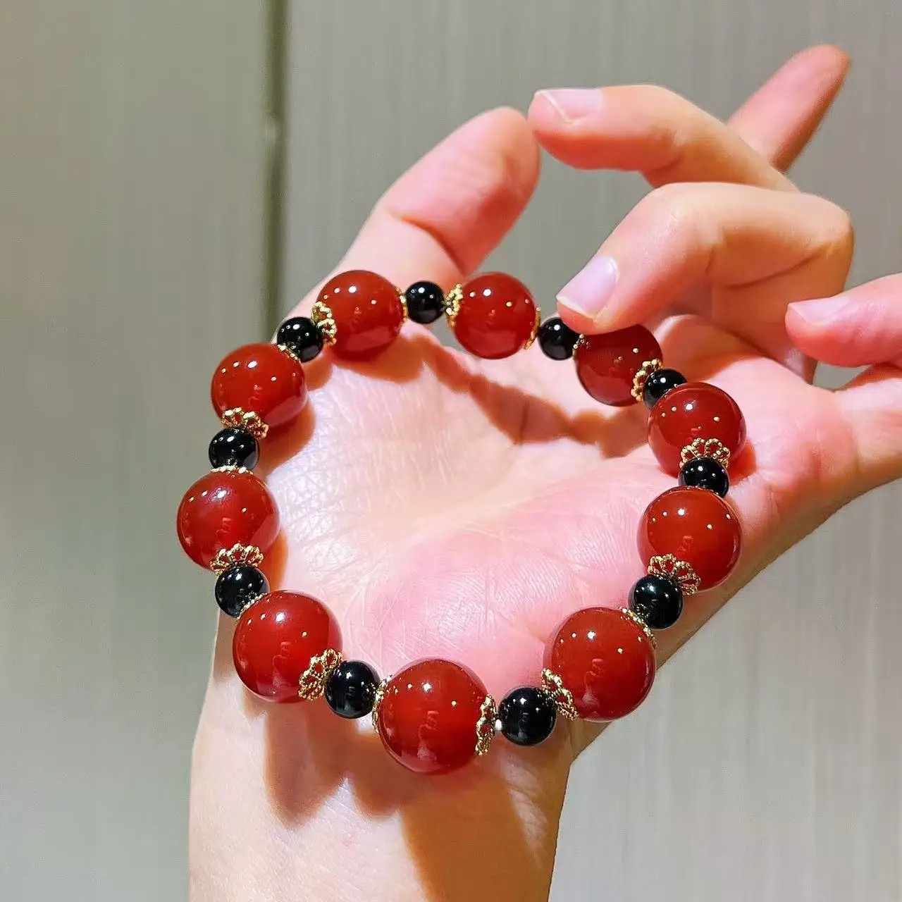Healing Red Carnelian & Black Onyx Bracelet, Natural Balancing Gemstone Beads, Fall Winter Stackable Hand Chain for Daily Wear