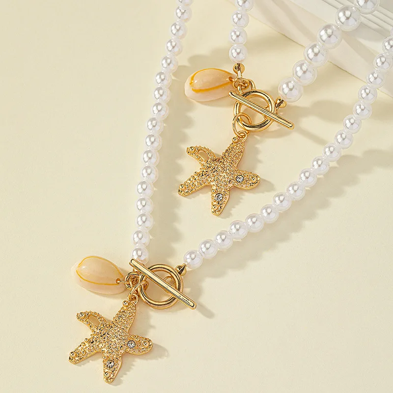 Classic White Pearl Necklace Bracelet Metallic Starfish Shell Necklace Bracelet for Women Seaside Vacation Jewelry Gift Set