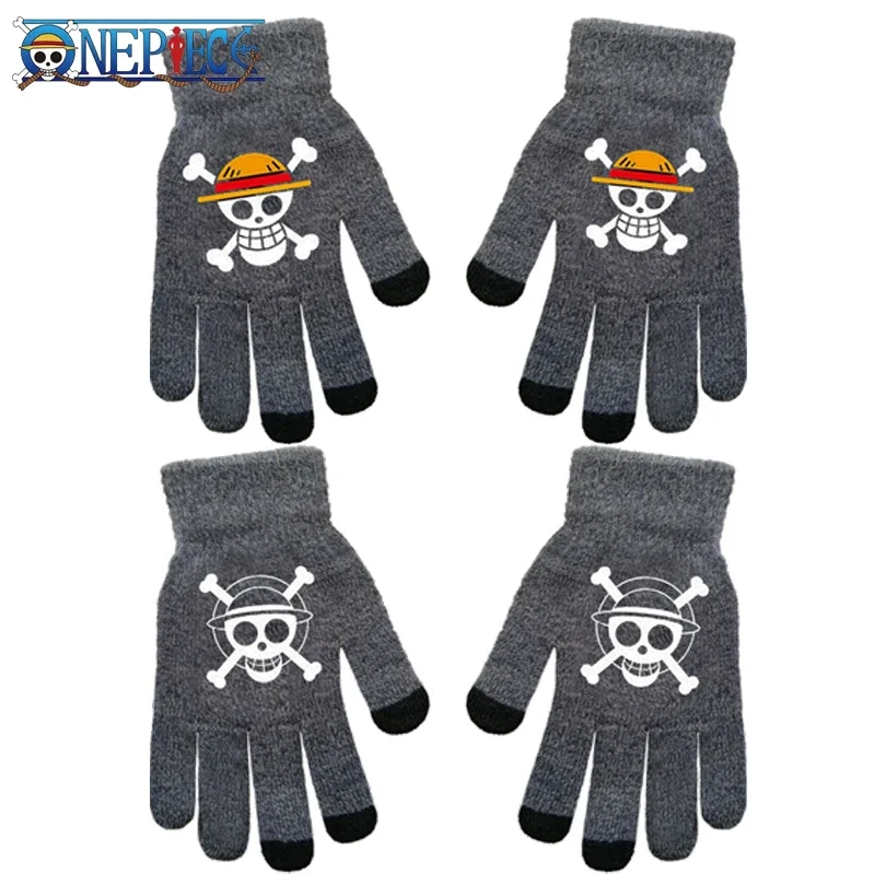 ONE PIECE Luffy Gloves Anime Children Winter Warm Full Finger Gloves Cartoon Kids Outdoor Knitted Thick Toddler Mittens Gifts