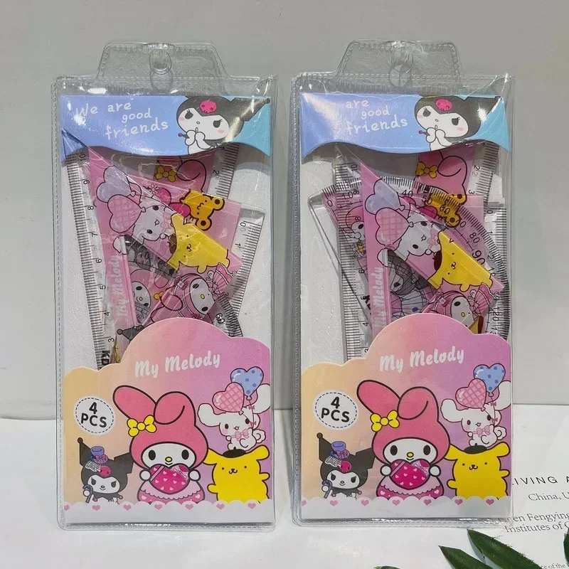 4PCs Set Hello Kitty Girl Ruler Set Stationery Cartoon Ruler Drawing Measurement Geometric Triangle Ruler School Supplies Gift