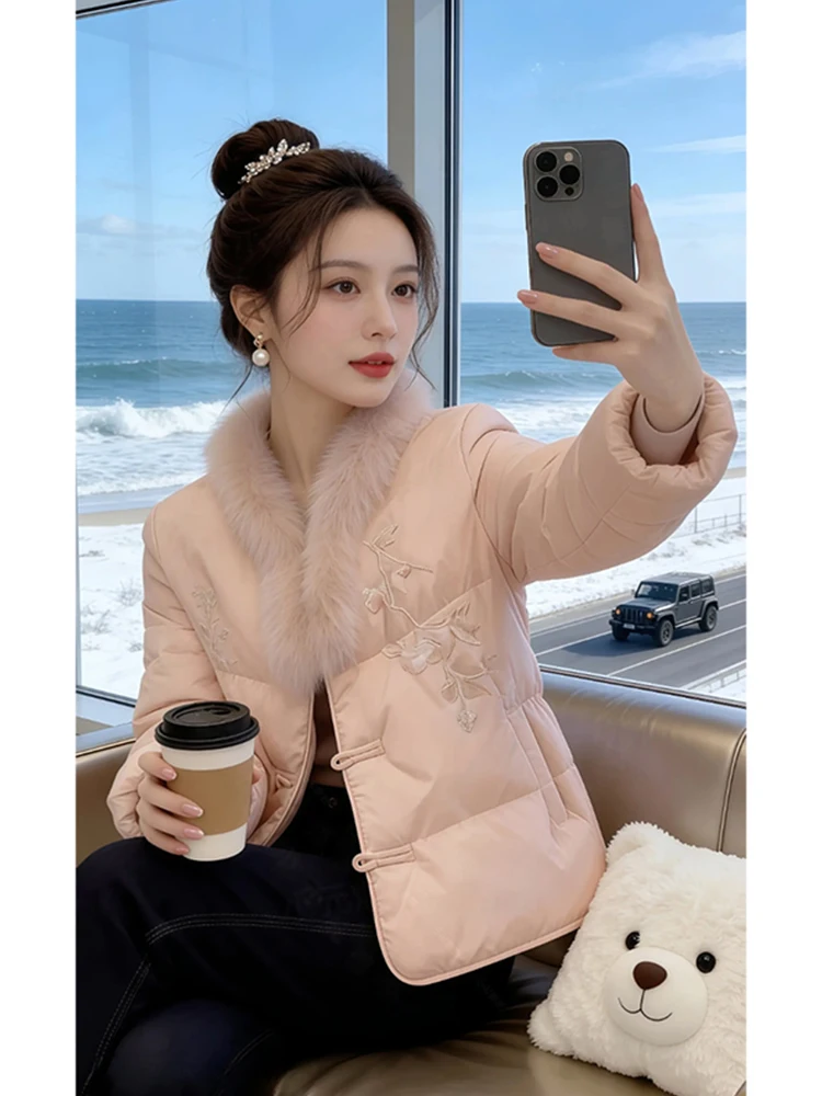 Warmth Women's New Chinese Style Light Ancient Fashion Embroidery Cotton Jacket Winter New Model Fur Collar Decoration Outerwear