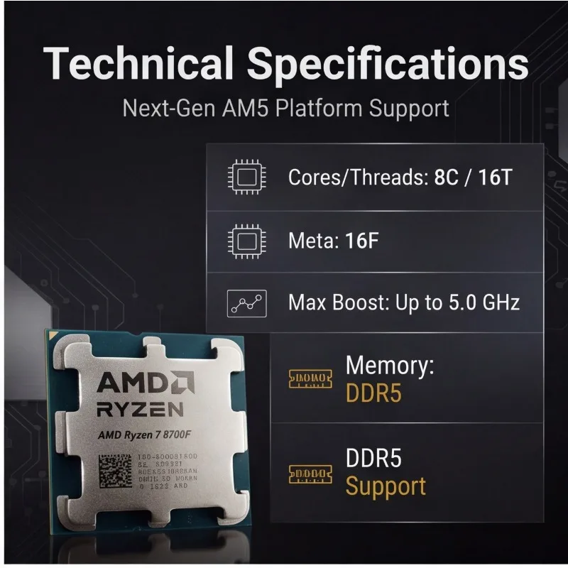 Silent Gaming Desktop CPU R7 8700F 65W TDP Zen4 Architecture AM5 Without Heatsink view 5
