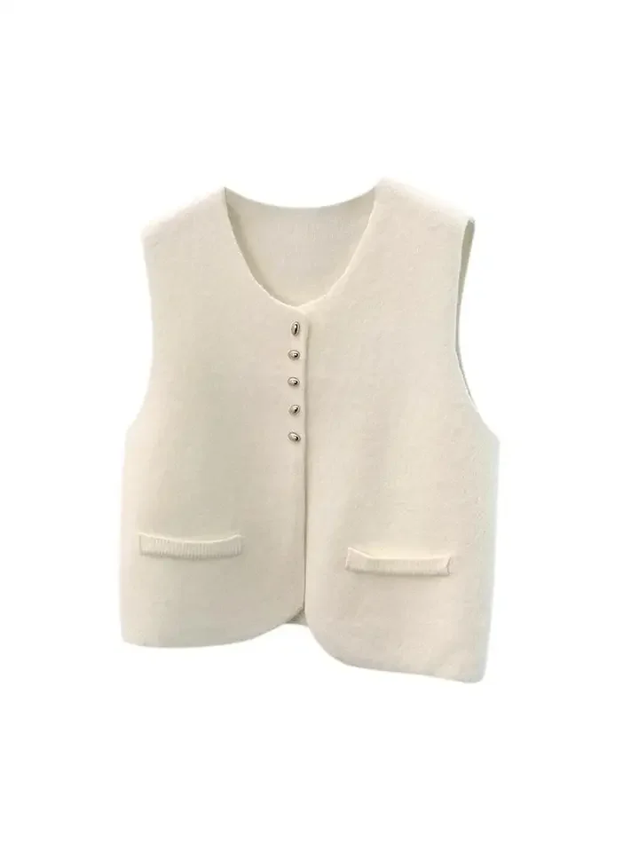 Elegancka kamizelka swetrowa damska na wiosnę, francuski kardigan dziergany, top bez rękawów, luźny, jednolity kolor, podkreślający temperament.