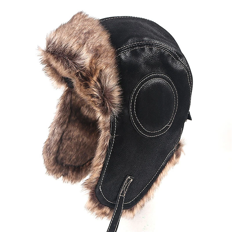 Winter Hat Men Women\'s Pilot Aviator Bomber Trapper Hat Faux Fur Leather Snow Cap With Ear Flaps Windproof Warm Lei Feng Hat