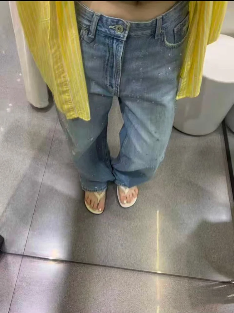 

Fashionable Blue High Waist Straight Leg Jeans Women's Hot Girl Diamond Embellished New Arrival Autumn 2025 Cotton Denim Pants