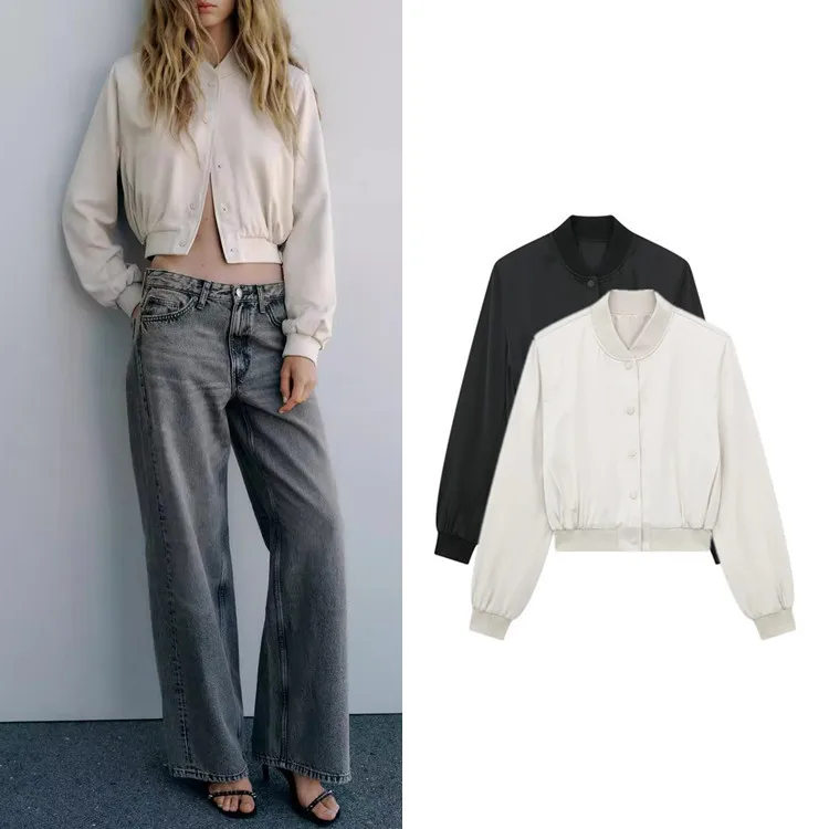 

TRAF Women Fashion Side Pockets Satin Cropped Bomber Jacket Coat Vintage Long Sleeve Snap-button Female Outerwear Chic Tops