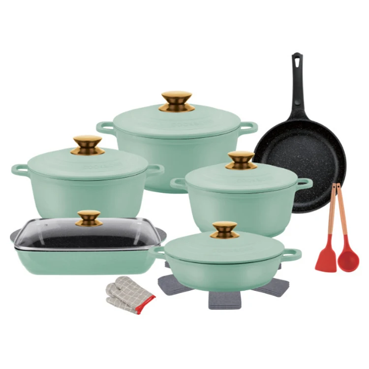18 Pieces Black White Green Red Granite Non Stick Aluminum Cookware Set Kitchen Round Cooking Pot Roaster Fry Pan Set