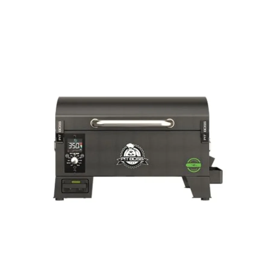 

Portable Battery Powered Wood Pellet Grill for outdoor cooking, stainless steel construction, black finish, 12-hour runtime and