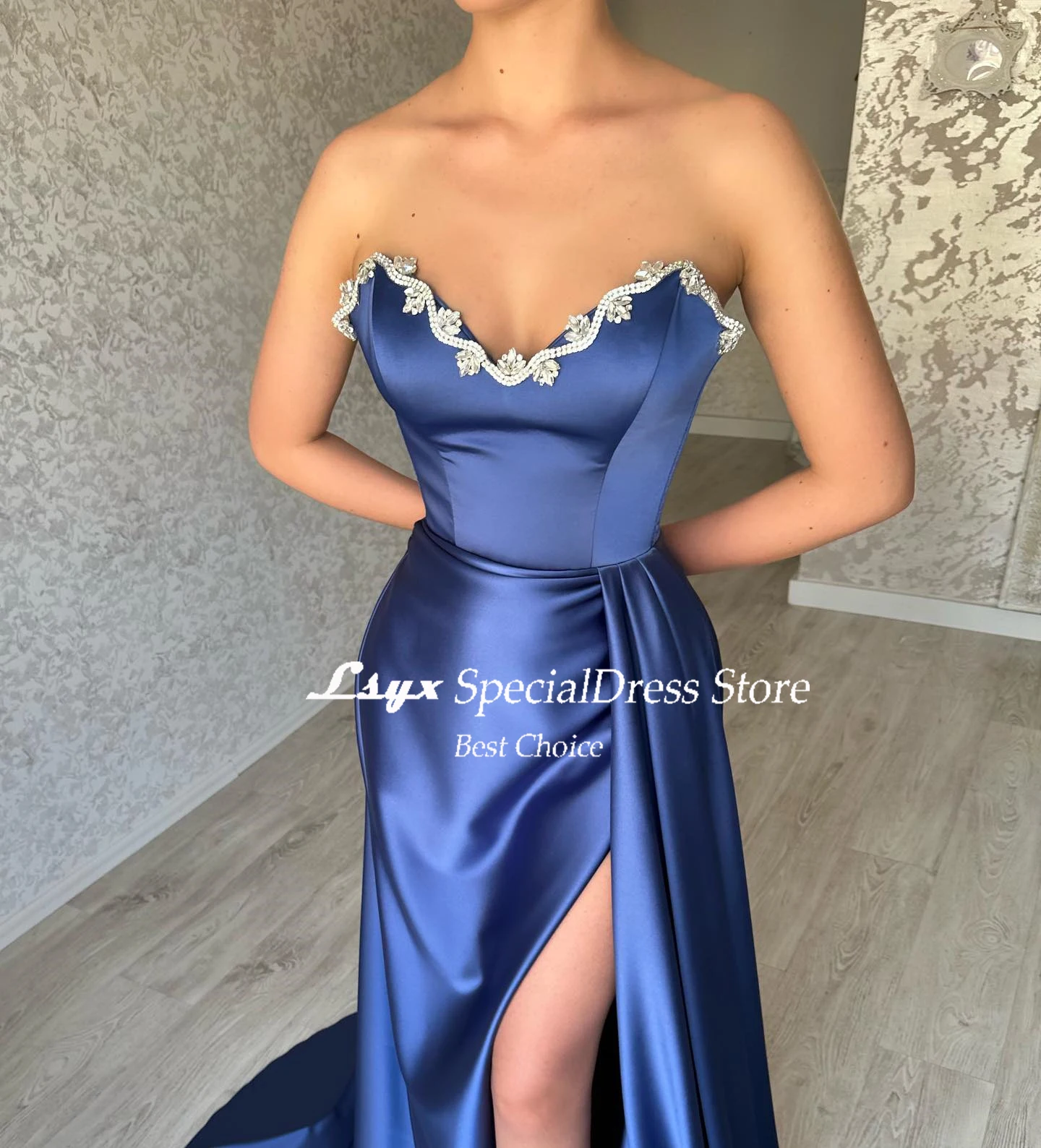 LSYX Satin Beading Crystal Strapless Sexy Evening Dress for Women Sweetheart High Side Slit Prom Gown Special Occasion Party