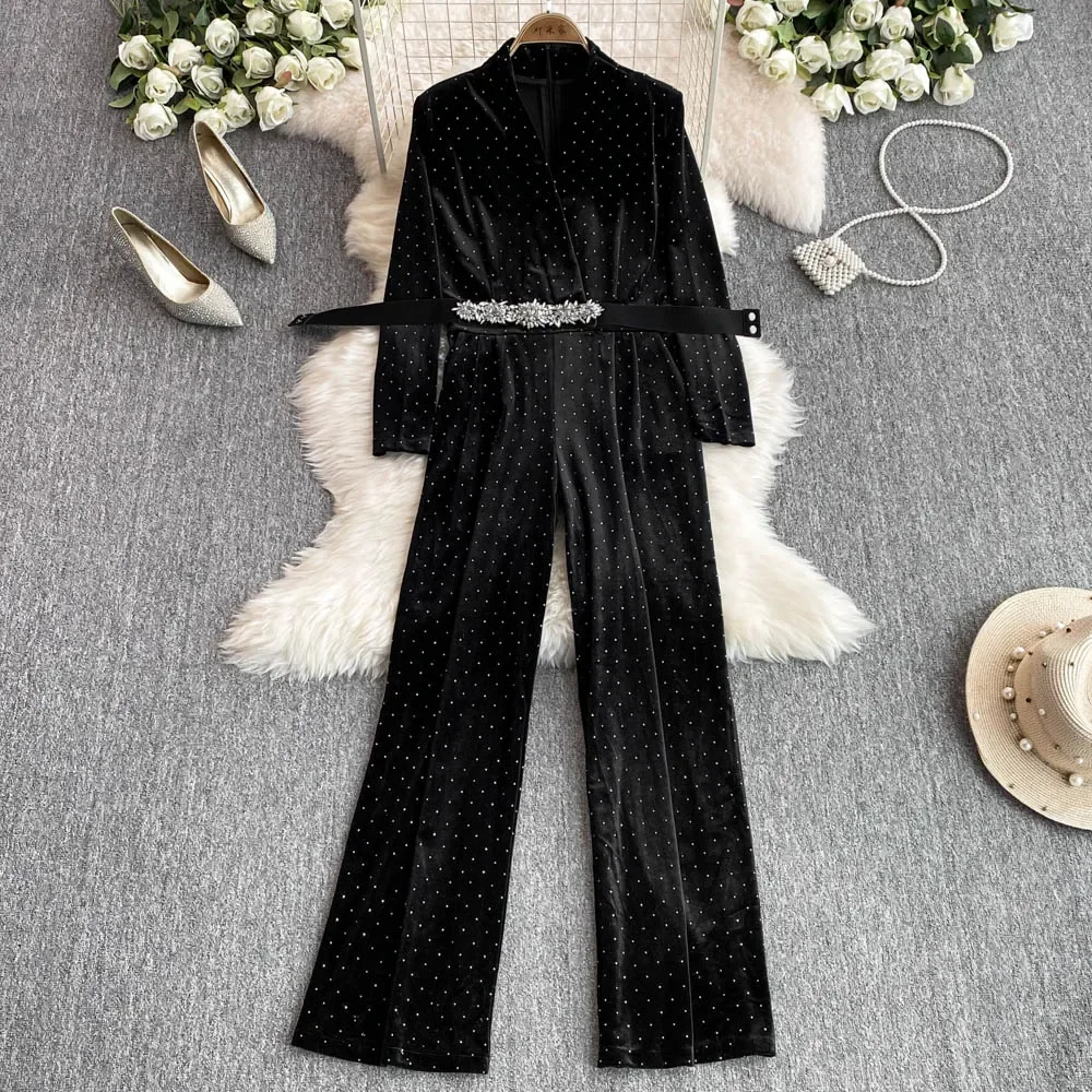 TWOTWINSTYLE Colorblock Fashion Jumpsuits For Women V Neck Long Sleeve Patchwork Diamonds Wide Leg Jumpsuits Female KJU523808