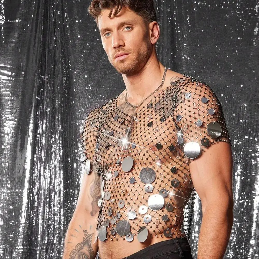 Men's Openwork Mesh Short-Sleeved Top Sexy V-Neck Sparkling Rhinestone Sequins Party Stage Outfit Seductive See-Through Outfit