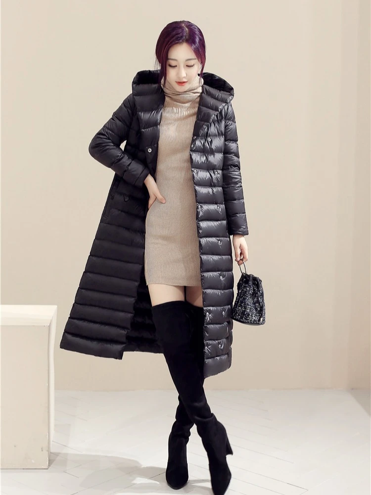 Women's Autumn Winter New White Duck Down Long Coats Down Jackets Below The Knee Plus Size Lining Lightweight Slim Fit Outerwear