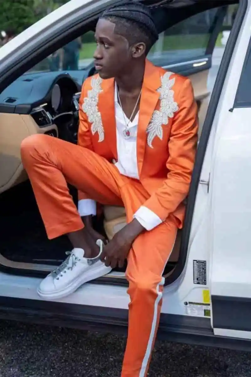 

Orange Men Suits Set 2 Pcs Blazer+Pant Trousers Appliqued Wedding Tuxedo Formal Office Cotton Male Groom Prom Jacket Coat
