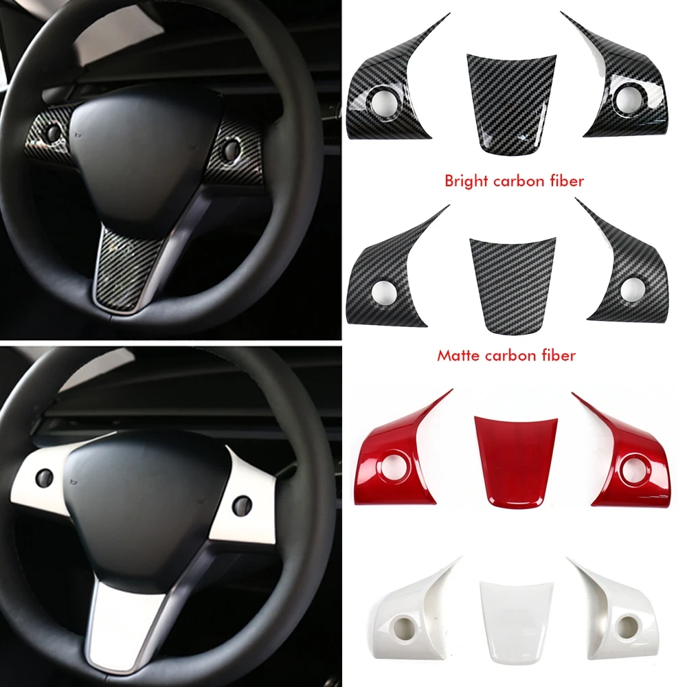3 unids/set de fibra de carbono mate para Tesla Model Y 3 2021, cubierta de Panel para volante de coche, pegatinas embellecedoras, accesorios de modificación de marco