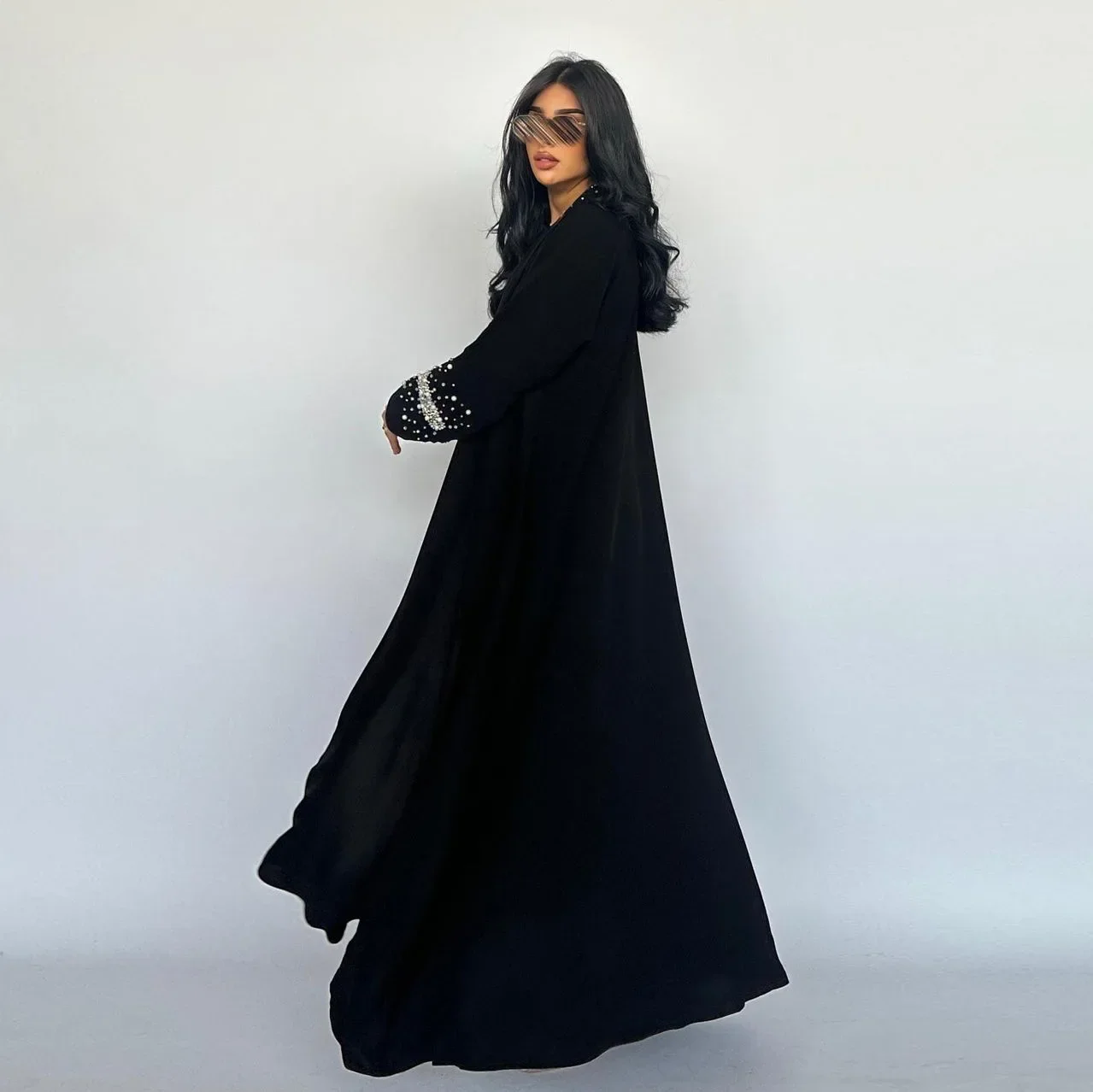 Kimono Abaya with Hijab Scarf Cardigan Muslim Hot Drill Beads Black Open Abayas for Women Dubai Islamic Clothing Turkish Tunic