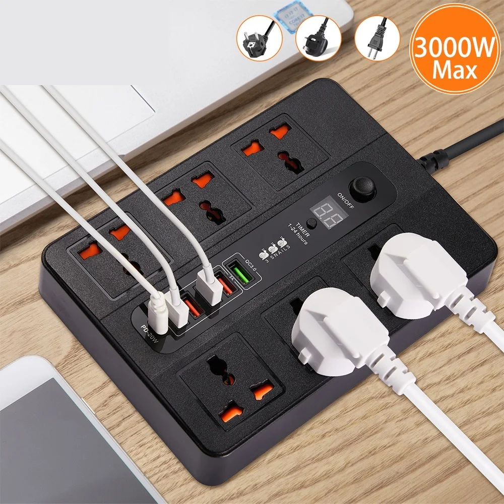 To 3000W 6 Universal AC jack Power Strip Surge Protector 2M Extension Socket Timed desktop socket With PD3.0 QC3.0 Fast USB