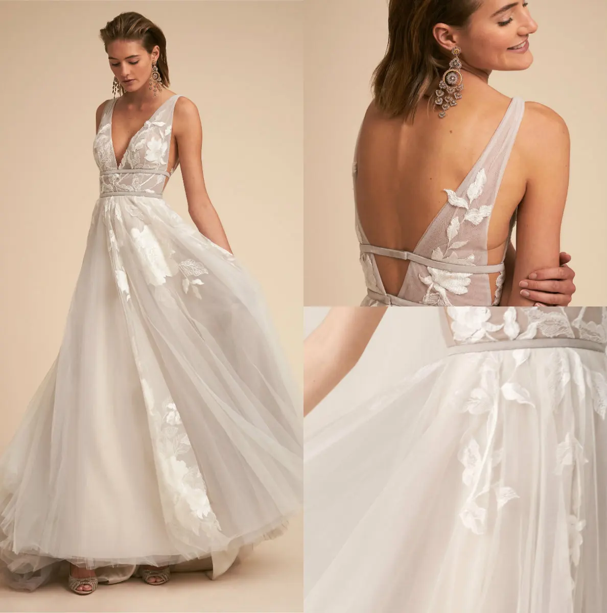 

Charming A Line Boho Wedding Dresses V Neck Lace Appliques Backless Custom Made Tulle Cheap Country Ivory Bridal Gowns