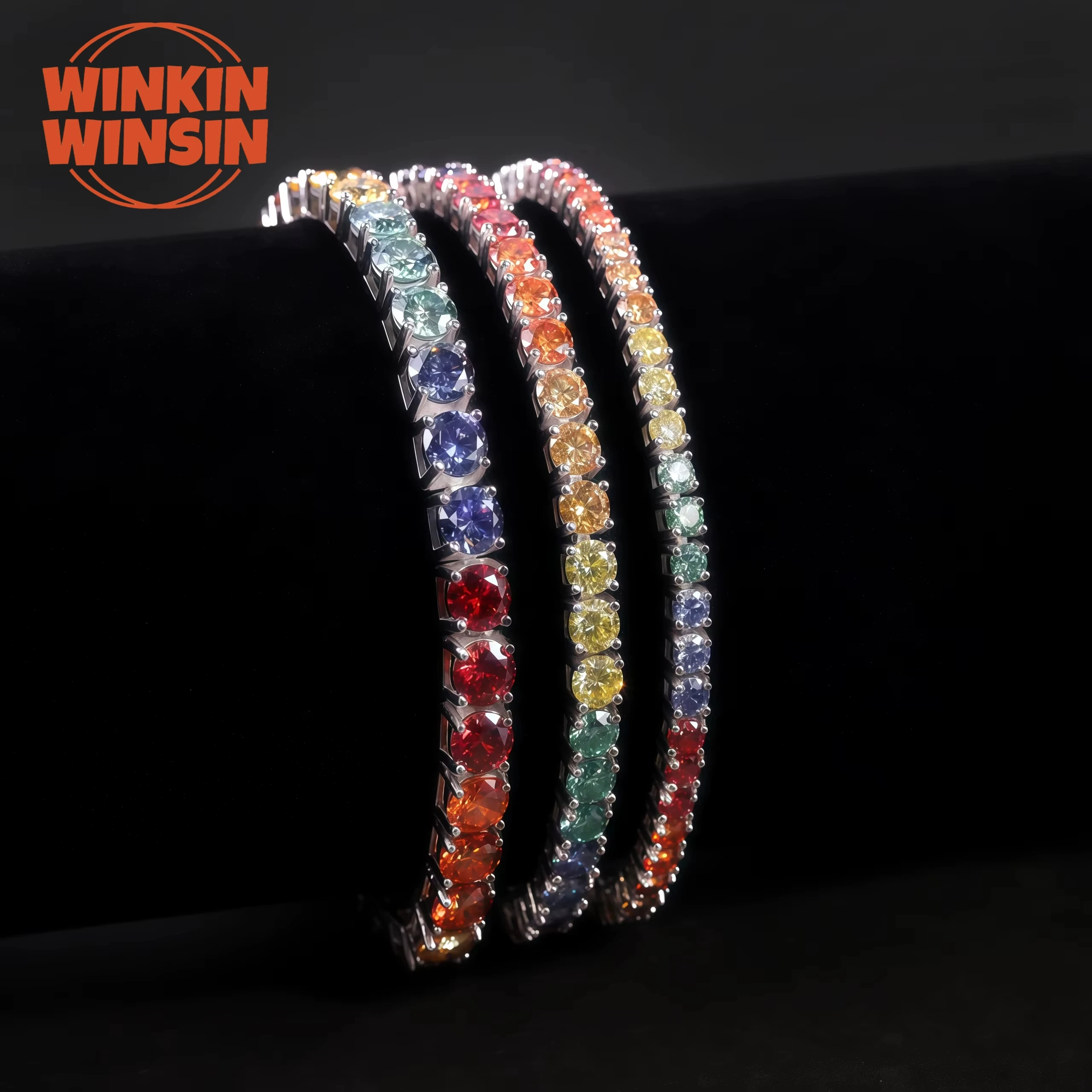 

Winkin Winsin New Products 925 Sterling Silver Bangle GRA Certificate Women Tennis Chain Rainbow Moissanite Bracelet Jewelry