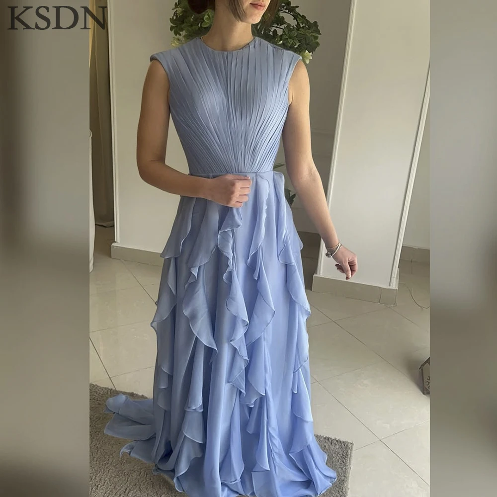 

Fashion Blue Chiffon Evening Dresses 2025 Formal Occasion O-Neck Sleeveless Chapel Train Dress Customzied Elegant Women Gowns