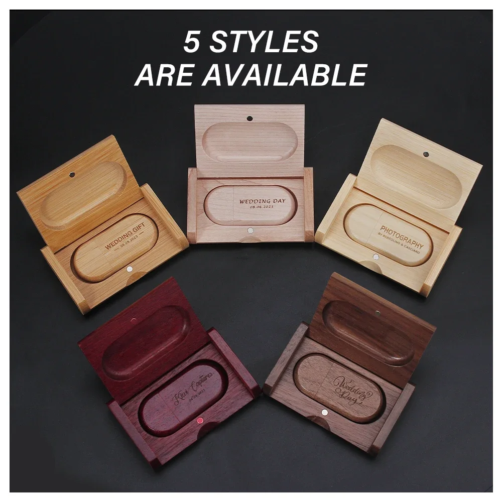 Free Custom Logo Wooden Box USB Flash Drive 16GB 32GB 64GB 128GB Oval Pen Drive Wedding Photography Gifts Memory Stick U Disk