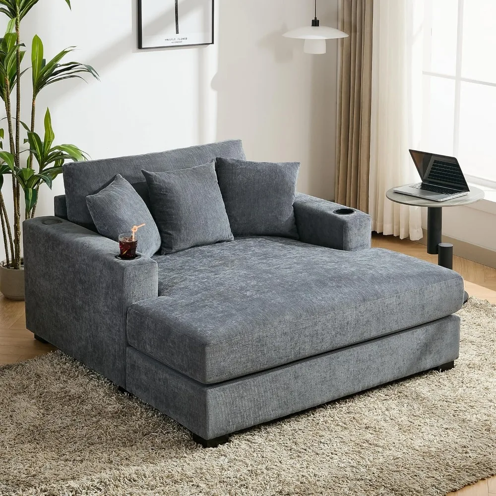 

Modern Upholstered Indoor Chaise Lounge with Pillows, Charge Station & Cup Holders, Single Sofa Couch with Armrest and Soild Wo