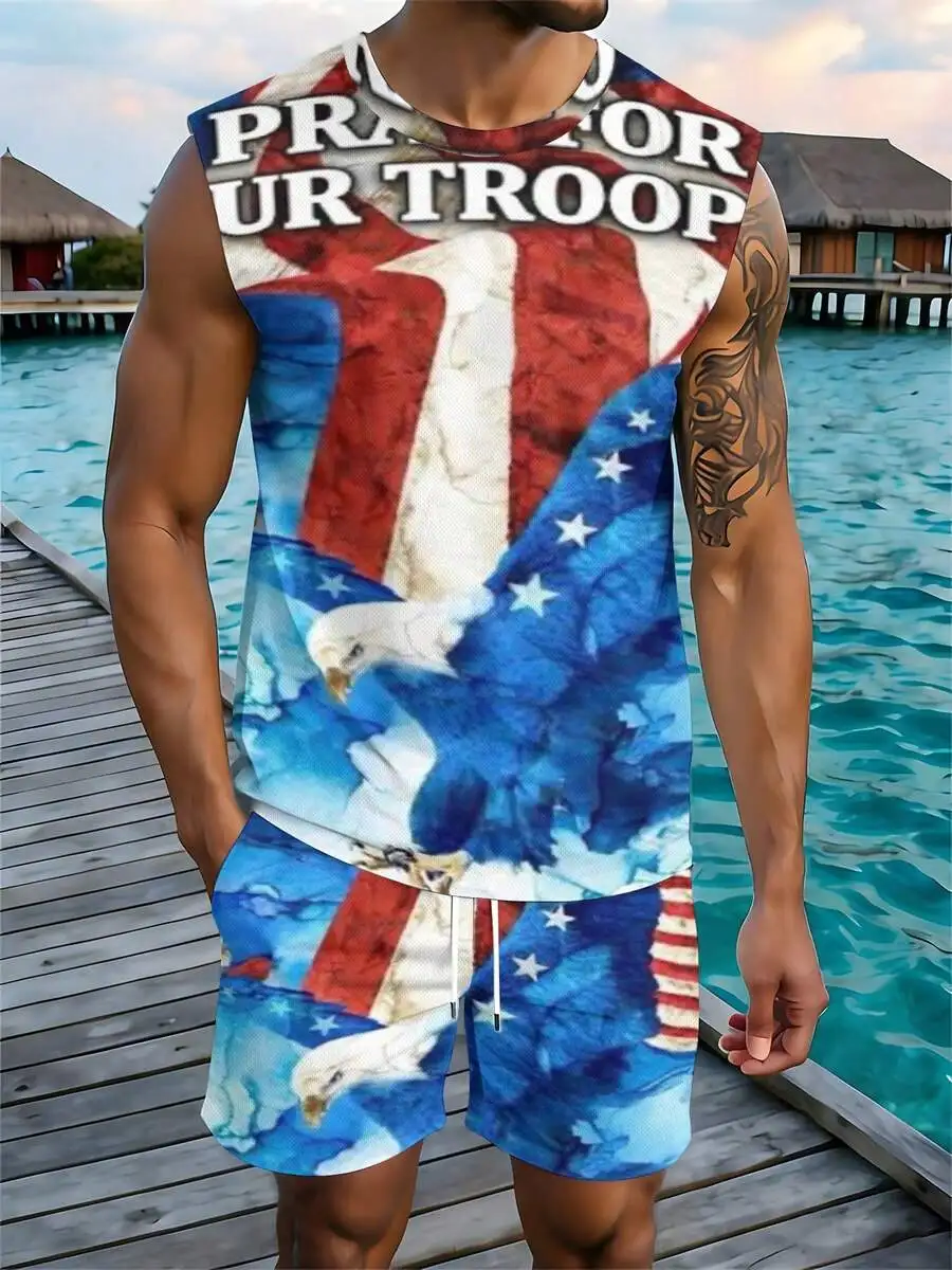 American Flag Eagle Design 2026 European & American Spring Summer Autumn New Style Men's Tank Top And Beach Shorts Set view 4