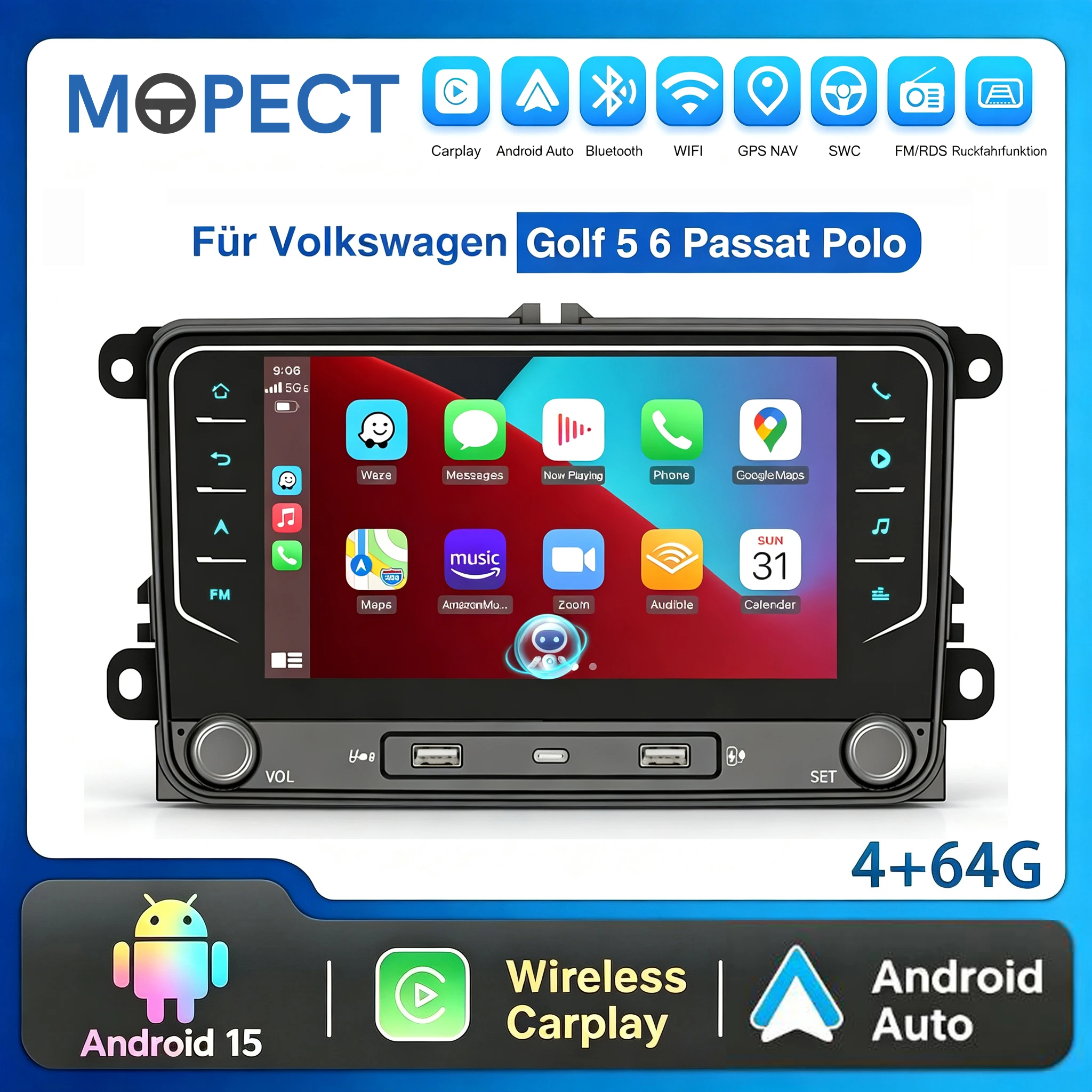 MOPECT, autoradio Android 15 da 7 pollici, 4 GB + 64 GB, con CarPlay e Android Auto wireless, compatibile con Volkswagen Golf 5, 6, Passat, Polo, Touran, Tiguan, SEAT Altea, Toledo, SKODA Octavia,