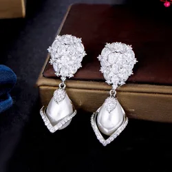 CWWZircons Handmade Noble Gorgeous Cubic Zircon Stone Fancy Pearl Drop Earrings for Women Engagement Wedding Party Jewelry CZ476