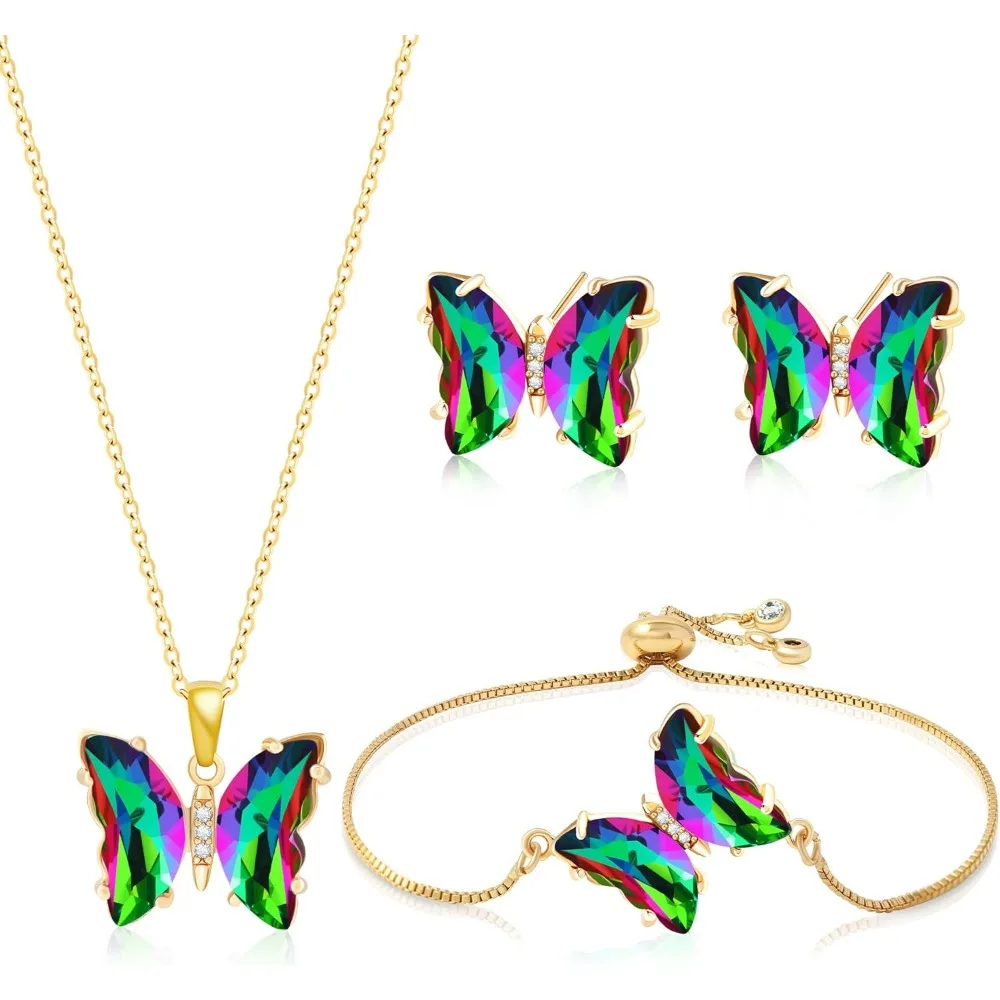 

Iridescent Butterfly Crystal Necklace Earrings Bracelet Ring Set for Women Dainty Y2K Gift