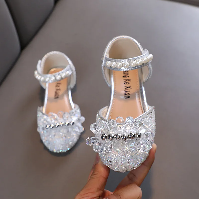 Sandalias de diamantes de imitación para niña, zapatos de vestir de escenario de princesa con lentejuelas, antideslizantes, tacones planos,