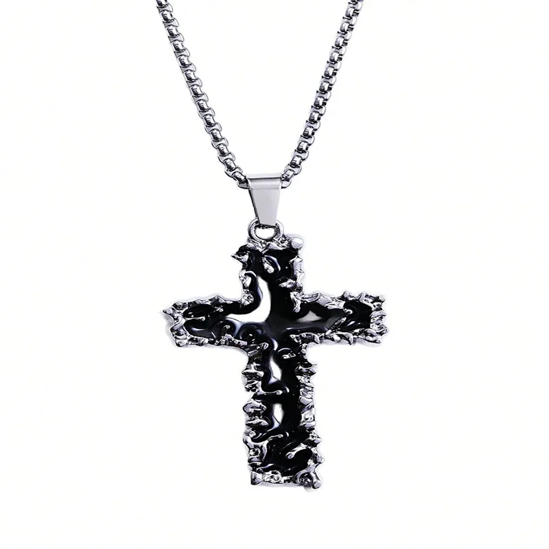 الأزياء القوطية الشرير الأحمر الأسود الحمم البركانية شوكة الصليب قلادة قلادة للرجال والنساء الفولاذ المقاوم للصدأ الهيب هوب سلسلة مجوهرات