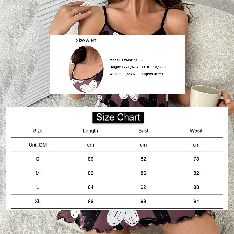 Ladies Heart Print Nightgown Summer Round Neck Frill Trim Backless Slip Night Dress Women\'s Sleepwear Loungewear Home Clothing