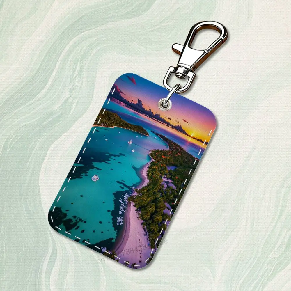 Maldives Scenery Art Rectangle Card Case Keychain Access Card Bag Key Tag Ring Leather Card Holder Key Ring Access