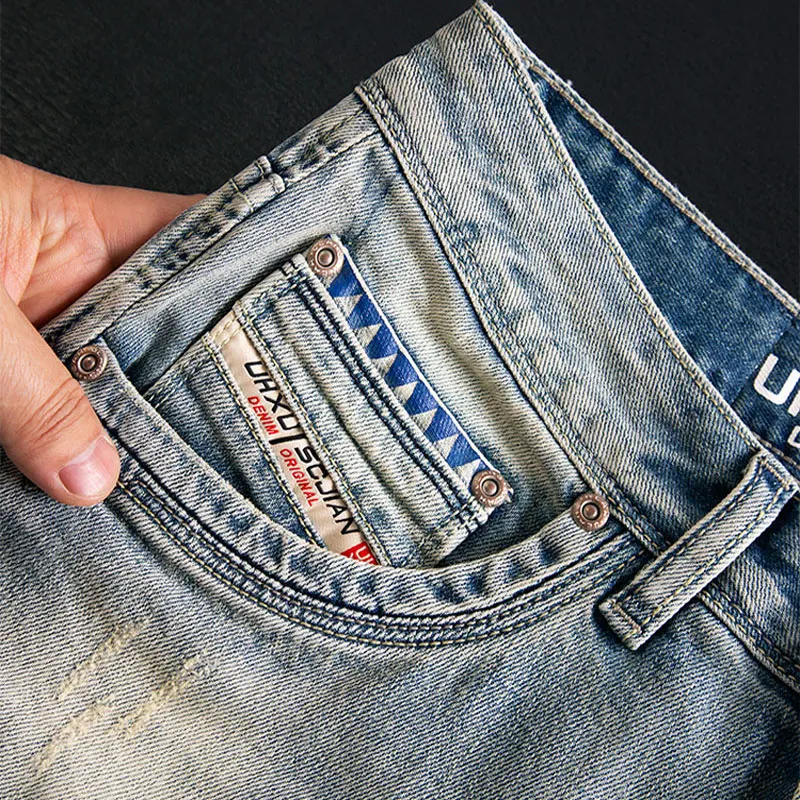 Summer Designer Fashion Men Jeans Retro Washed Blue Stretch Ripped Denim Shorts Men Y2K Vintage Patched Casual Shorts Hombre
